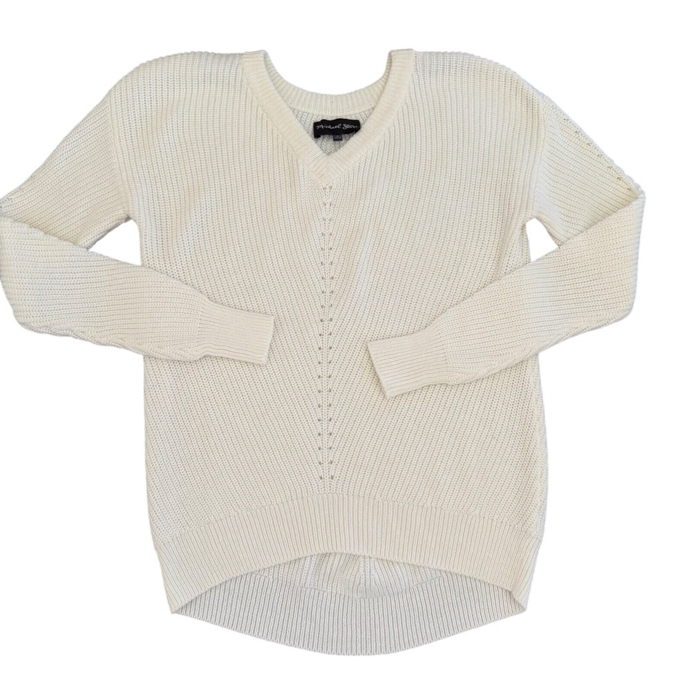 Michael Stars V-Neck Knit Sweater Pullover Long Sleeve‎ Casual Cream Size S